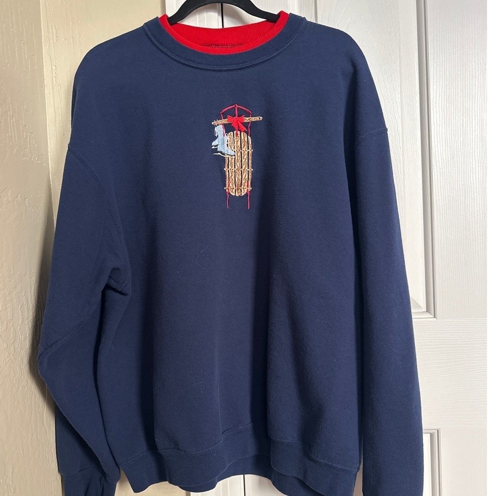 Vintage Pleasant Shade Embroidered Sled Sweatshirt‎ XL Navy Blue Double Collar